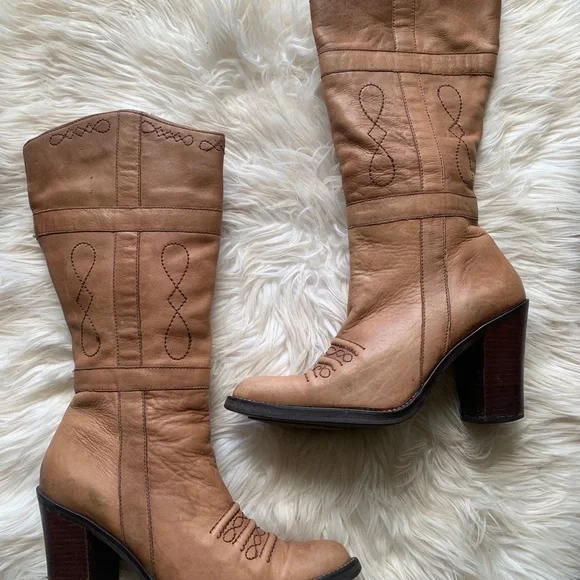 ZODIAC Deadstock Platform Tan Leather Brazil Boots VTG - Picture 9 of 10